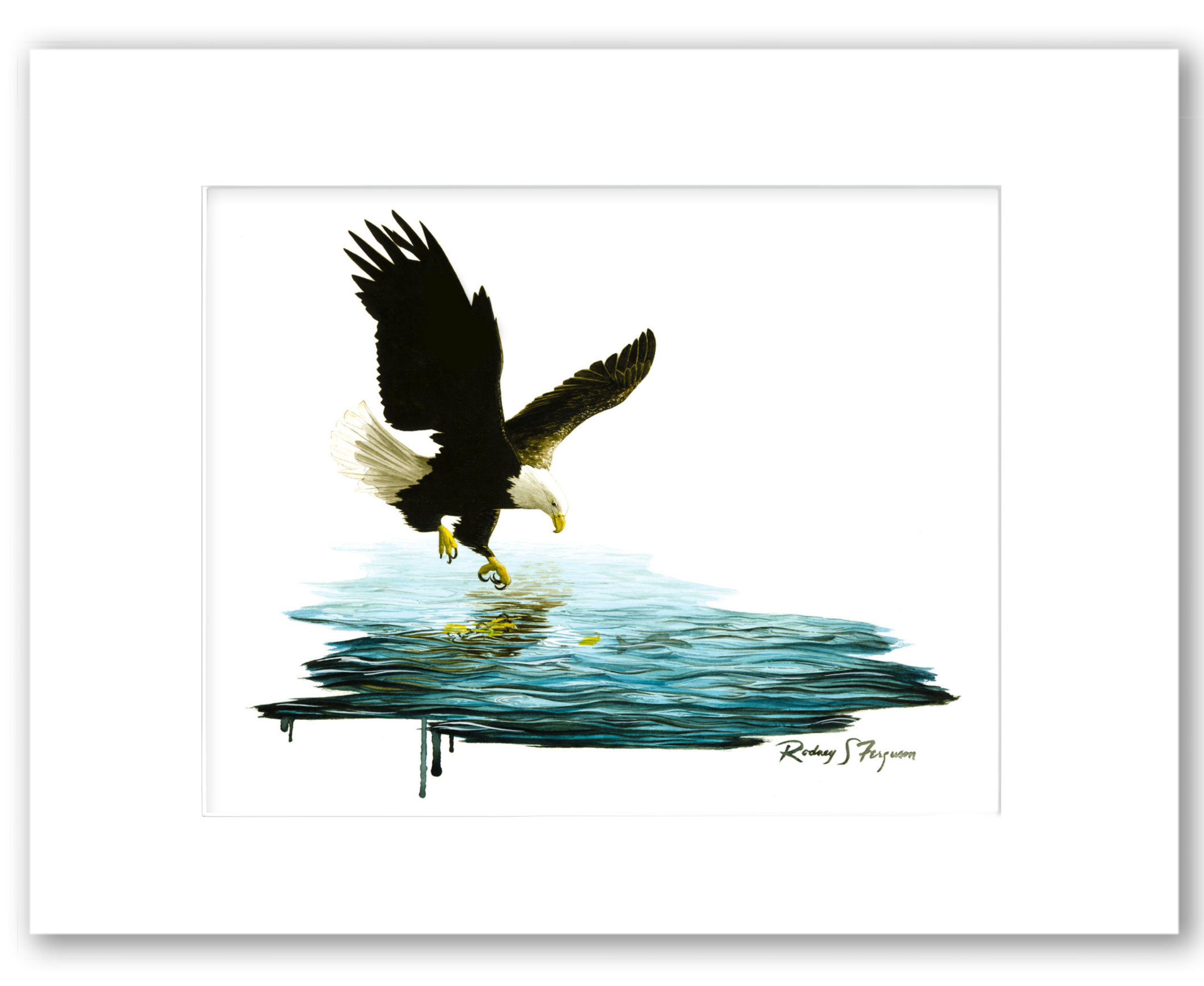 Watercolor giclée print of a majestic bald eagle swooping down to capture a fish from the water, framed in a handmade distressed and crackled coastal wood frame by Rodney Ferguson, featuring unique artisan textures and finishes.