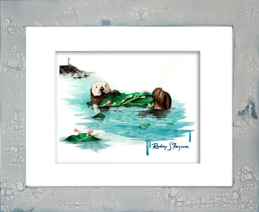 Rodney's watercolor giclée print of a giant sea otter floating peacefully in a kelp forest, wrapped in strands of sea kelp while resting with her young pup. Mounted in a handcrafted distressed and crackled coastal frame, this archival marine wildlife artwork celebrates sea otters, ocean conservation, and the beauty of kelp forest ecosystems.