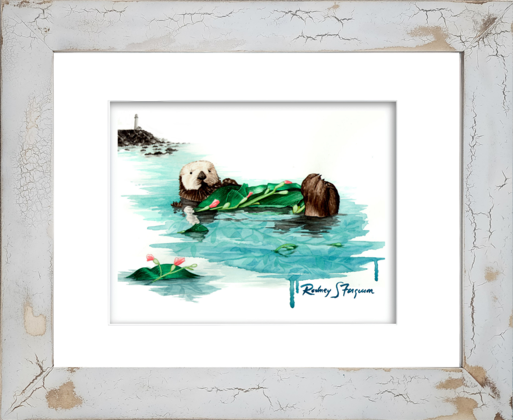Rodney's watercolor giclée print of a giant sea otter floating peacefully in a kelp forest, wrapped in strands of sea kelp while resting with her young pup. Mounted in a handcrafted distressed and crackled coastal frame, this archival marine wildlife artwork celebrates sea otters, ocean conservation, and the beauty of kelp forest ecosystems.