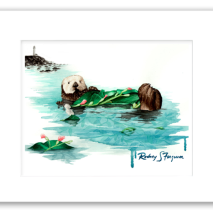Rodney's watercolor giclée print of a sea otter floating among giant sea kelp in a peaceful underwater kelp forest. Professionally matted and printed on 100% archival, acid-free, colorfast paper, this marine wildlife artwork celebrates sea otters and ocean conservation.