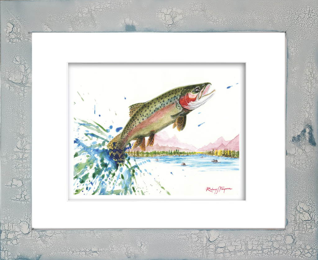 Rodney's watercolor giclée print of a vibrant Rainbow Trout displaying brilliant iridescent reds, blues, greens, and silver hues as it battles through pristine freshwater. Mounted in a handcrafted distressed and crackled coastal frame, this archival fishing artwork celebrates one of the world's most beautiful and highly prized fly-fishing game fish.