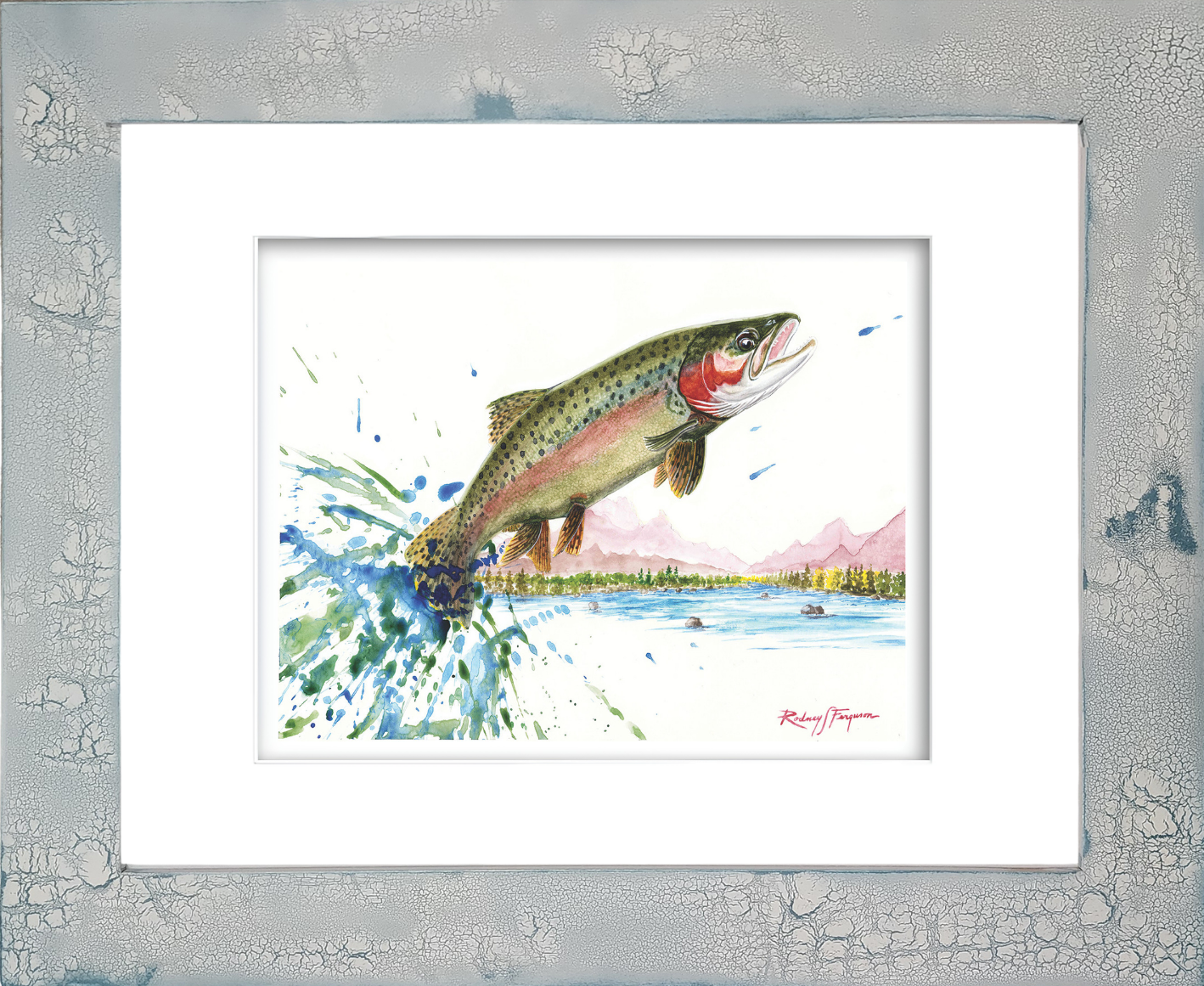 Rodney's watercolor giclée print of a vibrant Rainbow Trout displaying brilliant iridescent reds, blues, greens, and silver hues as it battles through pristine freshwater. Mounted in a handcrafted distressed and crackled coastal frame, this archival fishing artwork celebrates one of the world's most beautiful and highly prized fly-fishing game fish.