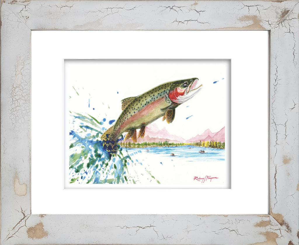 Rodney's watercolor giclée print of a vibrant Rainbow Trout displaying brilliant iridescent reds, blues, greens, and silver hues as it battles through pristine freshwater. Mounted in a handcrafted distressed and crackled coastal frame, this archival fishing artwork celebrates one of the world's most beautiful and highly prized fly-fishing game fish.