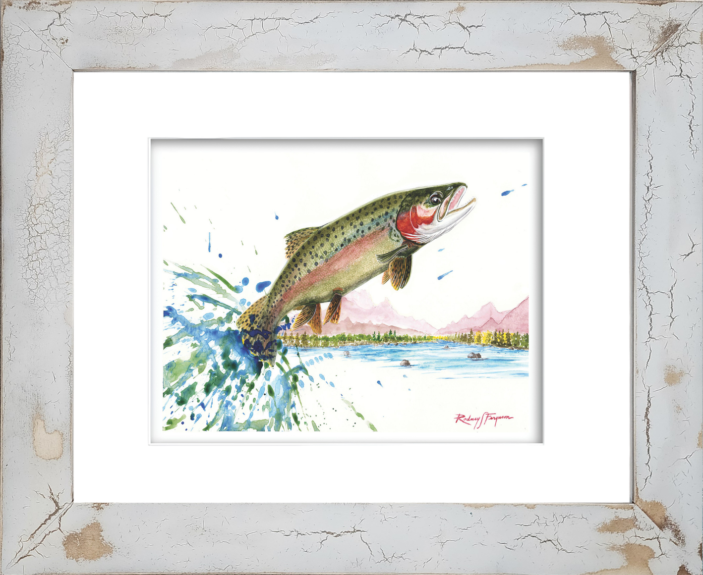 Rodney's watercolor giclée print of a vibrant Rainbow Trout displaying brilliant iridescent reds, blues, greens, and silver hues as it battles through pristine freshwater. Mounted in a handcrafted distressed and crackled coastal frame, this archival fishing artwork celebrates one of the world's most beautiful and highly prized fly-fishing game fish.