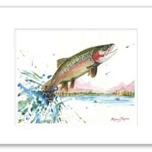 Rodney's watercolor giclée print of a colorful Rainbow Trout featuring brilliant iridescent reds, blues, greens, and silver tones. Professionally matted and printed on 100% archival, acid-free, colorfast paper, this freshwater fishing artwork celebrates one of the world's most prized fly-fishing species.