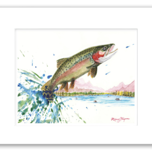 Rodney's watercolor giclée print of a colorful Rainbow Trout featuring brilliant iridescent reds, blues, greens, and silver tones. Professionally matted and printed on 100% archival, acid-free, colorfast paper, this freshwater fishing artwork celebrates one of the world's most prized fly-fishing species.