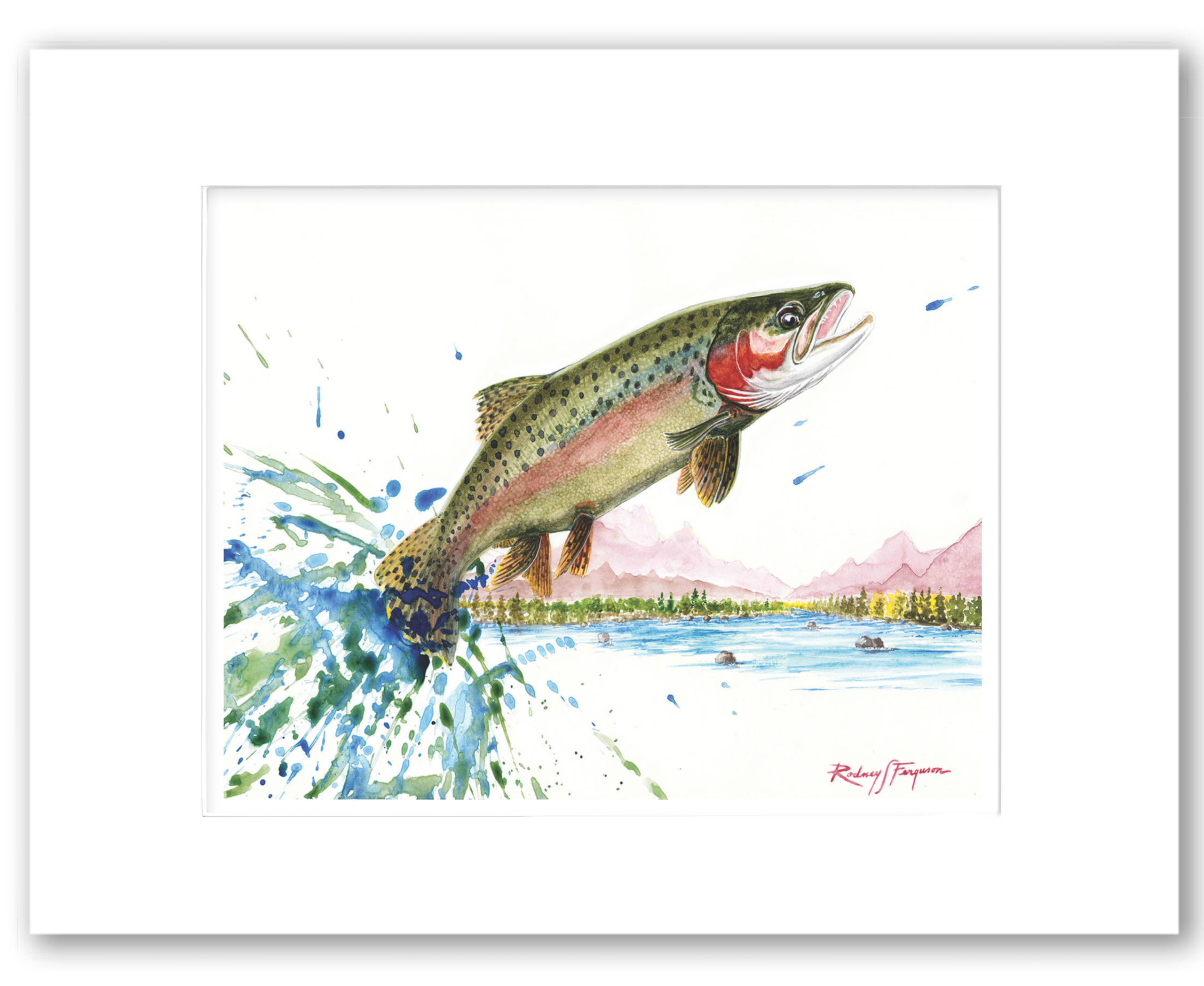 Rodney's watercolor giclée print of a colorful Rainbow Trout featuring brilliant iridescent reds, blues, greens, and silver tones. Professionally matted and printed on 100% archival, acid-free, colorfast paper, this freshwater fishing artwork celebrates one of the world's most prized fly-fishing species.
