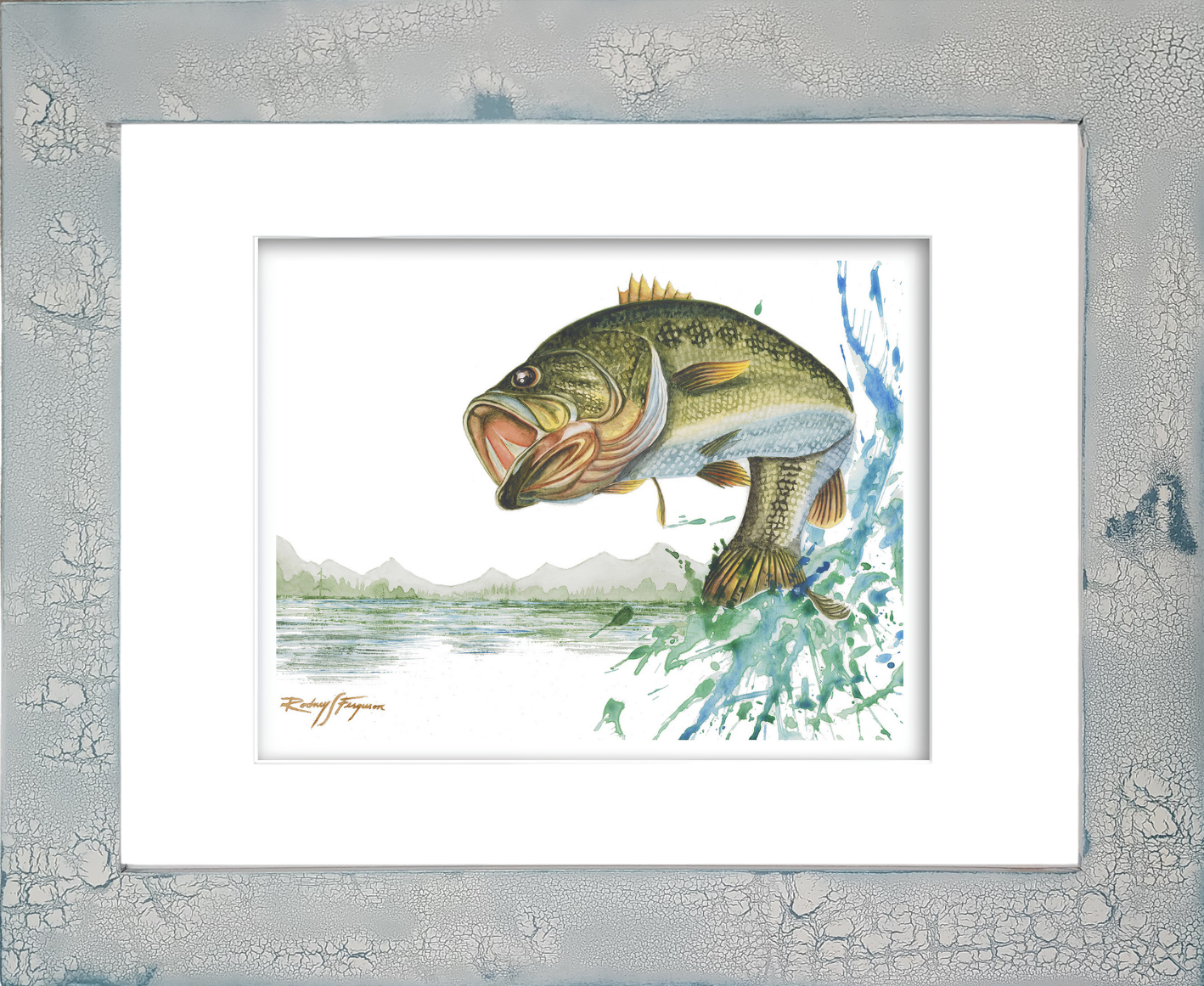 Rodney's watercolor giclée print of a trophy Largemouth Bass exploding from the water, sending spray in every direction against a beautiful lakefront backdrop. Mounted in a handcrafted distressed and crackled coastal frame, this archival freshwater fishing artwork captures the excitement of sport fishing and one of the world's most popular game fish.