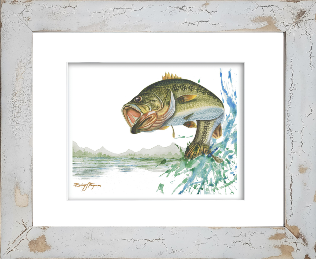 Rodney's watercolor giclée print of a trophy Largemouth Bass exploding from the water, sending spray in every direction against a beautiful lakefront backdrop. Mounted in a handcrafted distressed and crackled coastal frame, this archival freshwater fishing artwork captures the excitement of sport fishing and one of the world's most popular game fish.