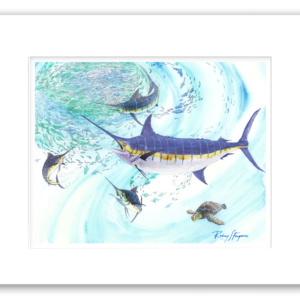 Rodney Ferguson watercolor giclée print of a Blue Marlin attacking a bait ball in an offshore feeding frenzy while a green sea turtle swims peacefully nearby. Professionally matted and printed on 100% archival, acid-free, colorfast paper, showcasing vibrant marine wildlife and sportfishing artwork.