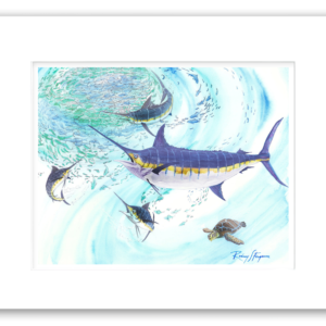 Rodney Ferguson watercolor giclée print of a Blue Marlin attacking a bait ball in an offshore feeding frenzy while a green sea turtle swims peacefully nearby. Professionally matted and printed on 100% archival, acid-free, colorfast paper, showcasing vibrant marine wildlife and sportfishing artwork.
