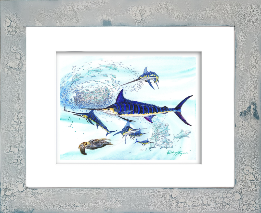 Professionally matted watercolor giclée print of a Striped Marlin attacking a swirling bait ball while a peaceful Green Sea Turtle glides through vibrant tropical blue waters. Original marine wildlife artwork by Rodney Ferguson printed on 100% archival, acid-free, colorfast paper, ready for framing for coastal home décor, beach houses, marine life collectors, and sport fishing enthusiasts.