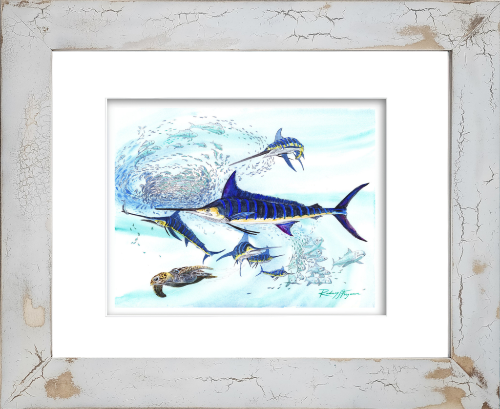 Professionally matted watercolor giclée print of a Striped Marlin attacking a swirling bait ball while a peaceful Green Sea Turtle glides through vibrant tropical blue waters. Original marine wildlife artwork by Rodney Ferguson printed on 100% archival, acid-free, colorfast paper, ready for framing for coastal home décor, beach houses, marine life collectors, and sport fishing enthusiasts.