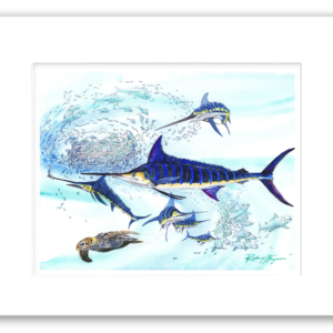 Professionally framed and matted watercolor artwork of a Striped Marlin attacking a swirling bait ball while a peaceful Green Sea Turtle glides through crystal-clear tropical waters. Original marine wildlife painting by Rodney Ferguson displayed in a handcrafted distressed coastal frame, perfect for beach homes, coastal décor, fishing lodges, and marine life collectors.