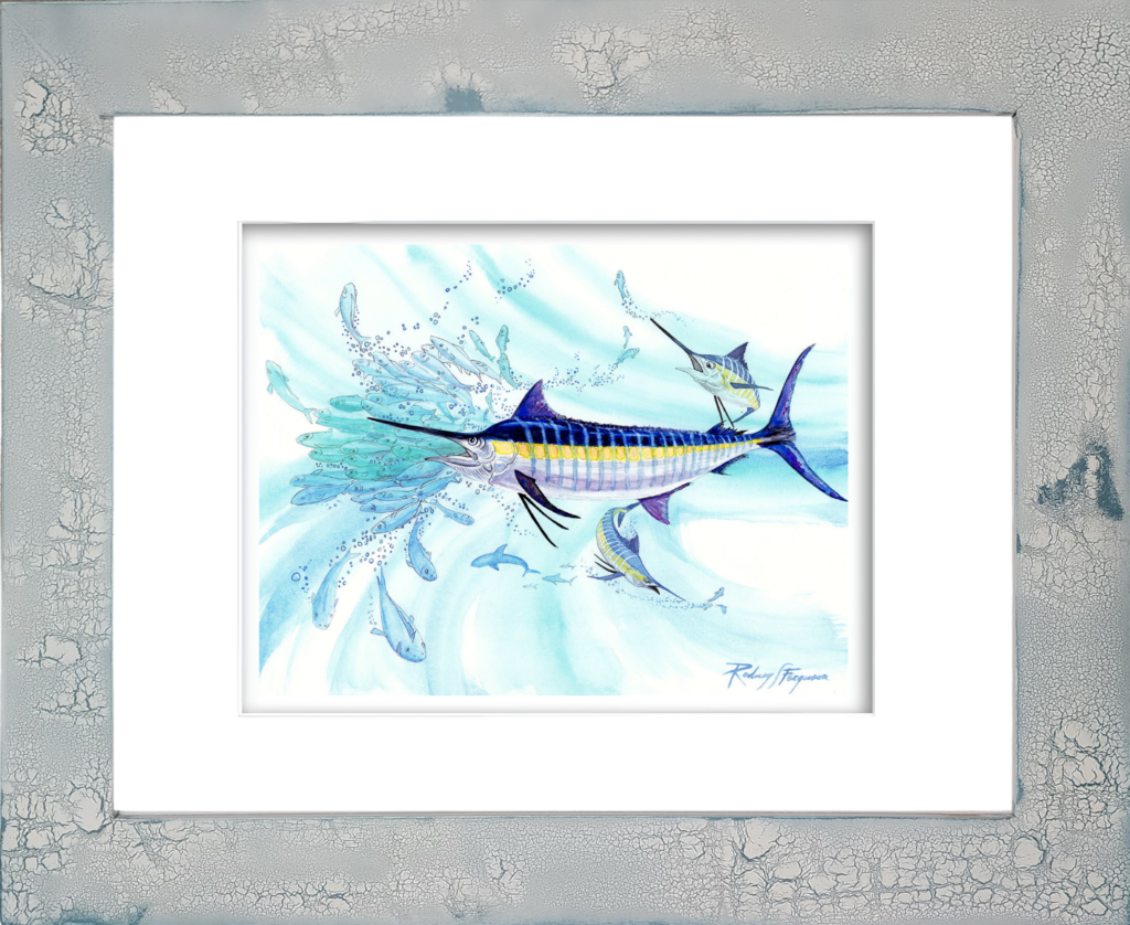 Rodney Ferguson's watercolor giclée print featuring a giant pelagic Black Marlin charging through a swirling bait ball of baitfish in the open ocean, mounted in a distressed and crackled handmade coastal frame. Printed on archival, colorfast, acid-free paper, this marine wildlife artwork captures the power, speed, and predatory nature of one of the ocean's most sought-after big game fish.