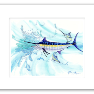 Rodney Ferguson watercolor giclée print of a powerful Black Marlin hunting through a dense bait ball of fish in the open ocean, single matted and printed on 100% archival, colorfast, acid-free paper. Marine life artwork featuring offshore sportfishing, pelagic wildlife, and dramatic underwater action.