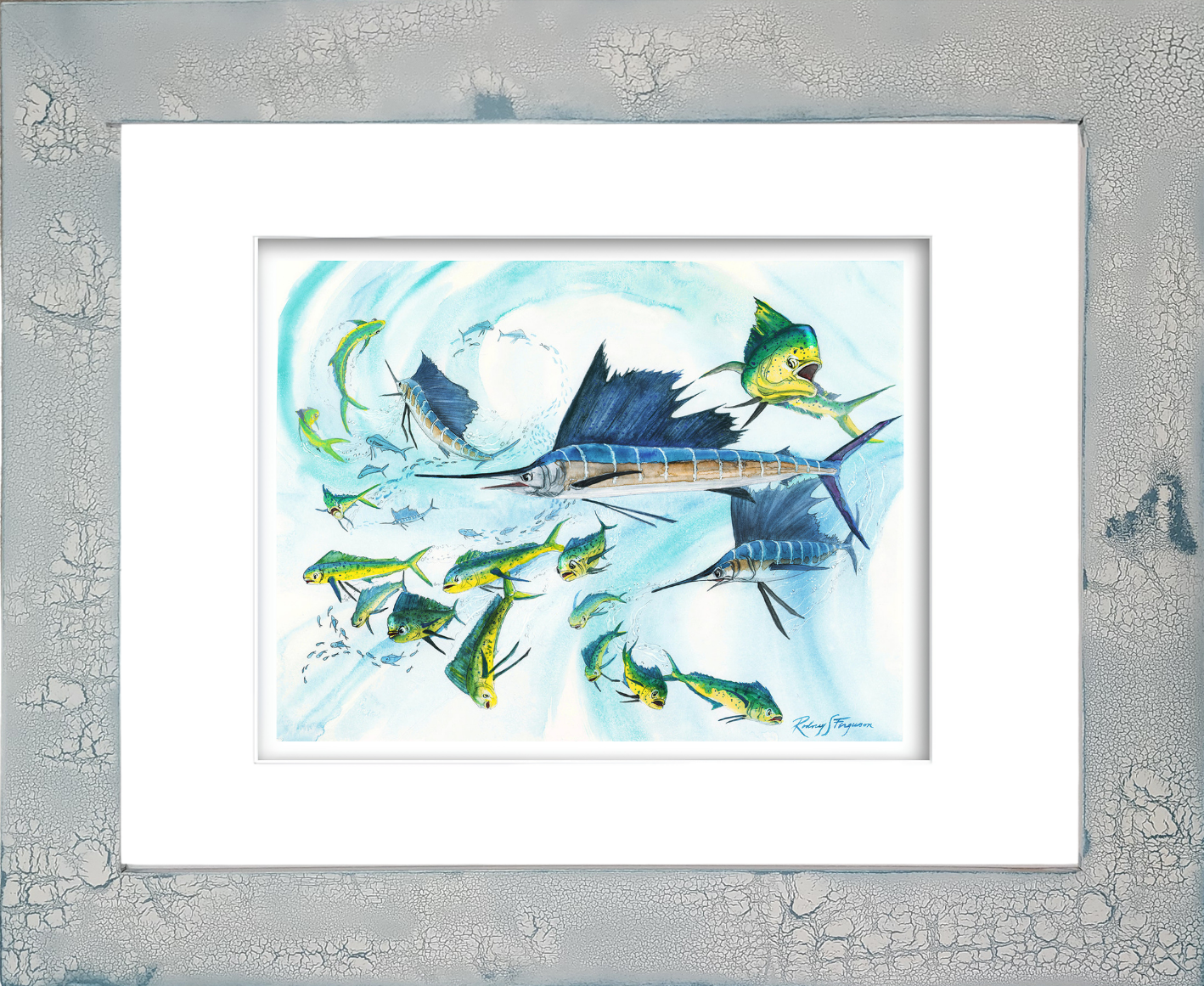 Rodney Ferguson watercolor giclée print featuring pelagic sailfish attacking a bait ball offshore, creating a feeding frenzy that attracts mahi mahi and other game fish, displayed in a handmade distressed and crackled coastal wood frame with unique weathered texture.