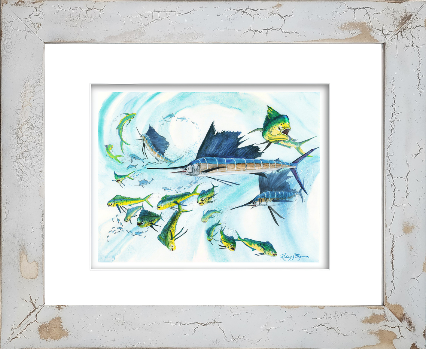 Rodney Ferguson watercolor giclée print featuring pelagic sailfish attacking a bait ball offshore, creating a feeding frenzy that attracts mahi mahi and other game fish, displayed in a handmade distressed and crackled coastal wood frame with unique weathered texture.