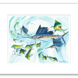 Rodney Ferguson watercolor giclée print of pelagic sailfish feeding on a bait ball while mahi mahi and offshore game fish gather nearby, professionally single matted and printed on archival acid-free paper.