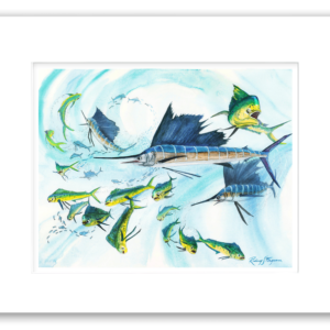 Rodney Ferguson watercolor giclée print of pelagic sailfish feeding on a bait ball while mahi mahi and offshore game fish gather nearby, professionally single matted and printed on archival acid-free paper.