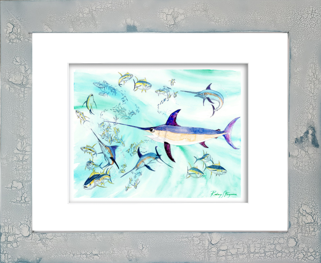 Rodney Ferguson watercolor giclée print featuring a deep-sea swordfish swimming through blue ocean waters alongside colorful mahi-mahi and schooling baitfish, professionally mounted in a distressed and crackled handmade coastal wood frame, printed on archival acid-free paper.