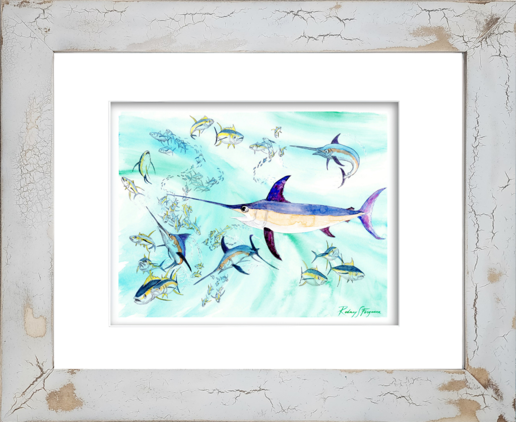 Rodney Ferguson watercolor giclée print featuring a deep-sea swordfish swimming through blue ocean waters alongside colorful mahi-mahi and schooling baitfish, professionally mounted in a distressed and crackled handmade coastal wood frame, printed on archival acid-free paper.