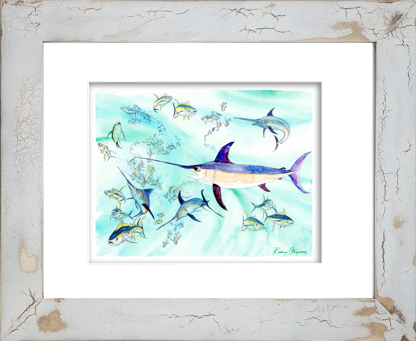 Rodney Ferguson watercolor giclée print featuring a deep-sea swordfish swimming through blue ocean waters alongside colorful mahi-mahi and schooling baitfish, professionally mounted in a distressed and crackled handmade coastal wood frame, printed on archival acid-free paper.