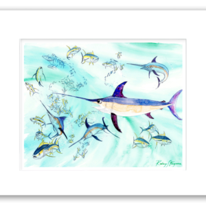 Rodney Ferguson watercolor giclée print of a pelagic swordfish swimming among mahi-mahi and baitfish in deep blue offshore waters, double matted and printed on archival acid-free fine art paper.