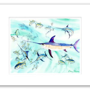 Rodney Ferguson watercolor giclée print of a pelagic swordfish swimming among mahi-mahi and baitfish in deep blue offshore waters, double matted and printed on archival acid-free fine art paper.