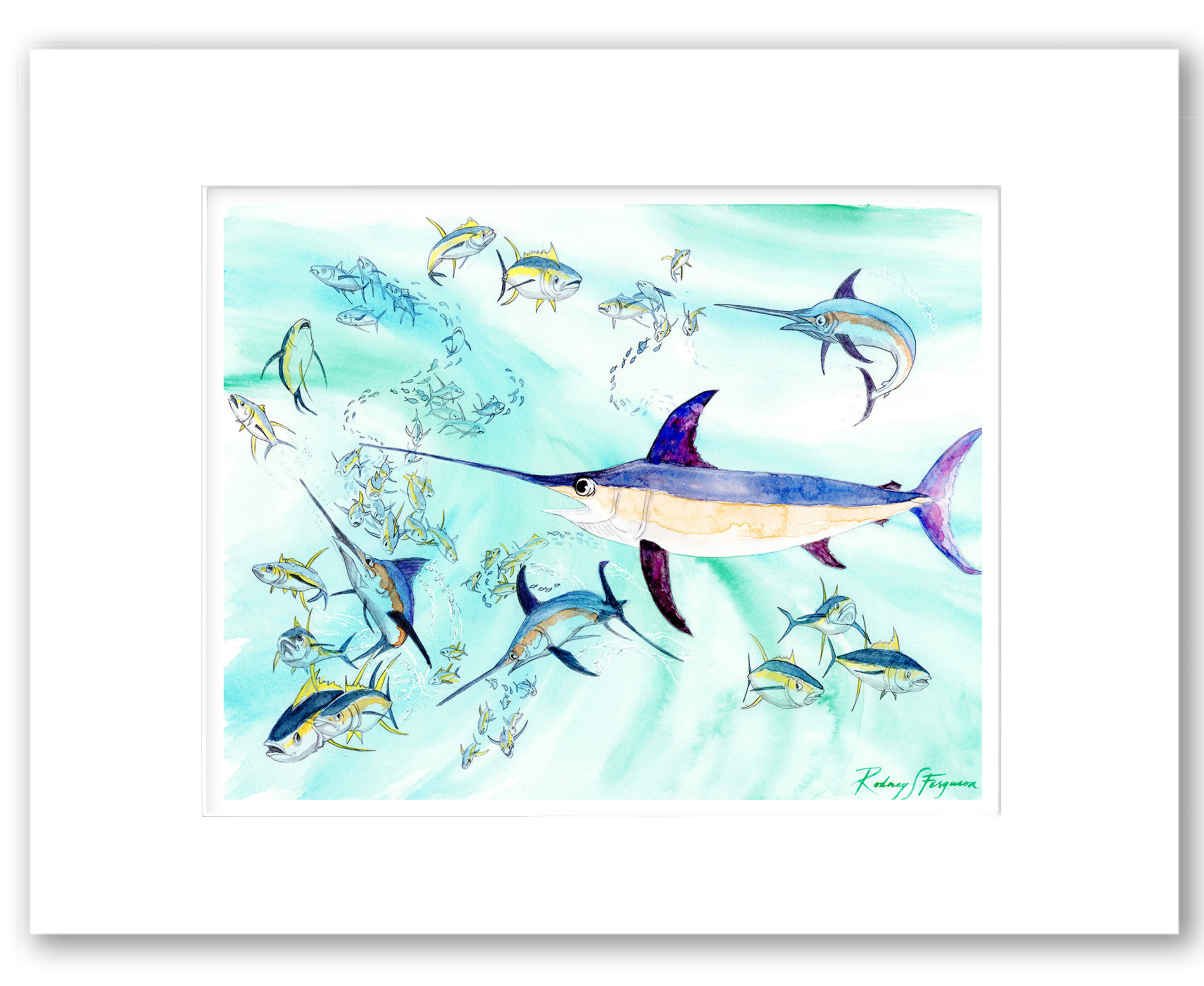 Rodney Ferguson watercolor giclée print of a pelagic swordfish swimming among mahi-mahi and baitfish in deep blue offshore waters, double matted and printed on archival acid-free fine art paper.