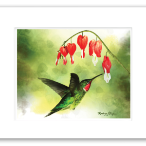 Write a keyword rich alt text, caption and description for Rodneys watercolor giclee print of a Purple-Sided hummingbird feeding off of some purple and pink puff flowers mounted in his distressed and crackled handmade coastal frame, each one unique with no two alike. The pattern, texture and amount of distress is different on each one making it a work of art in its on right. Patterns cannot be requested., and, an an alt text, caption and description of Rodneys single matted giclee print on 100% archival, colorfast and acid-free paper, and write one for the matted only version.