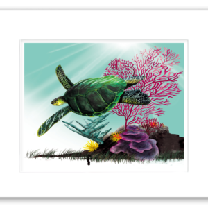 Rodney's watercolor giclée print of a Green Sea Turtle swimming peacefully alongside vibrant coral reefs and colorful ocean fauna. Professionally matted and printed on 100% archival, acid-free, colorfast paper, this marine wildlife artwork celebrates tropical ocean ecosystems and sea turtle conservation.