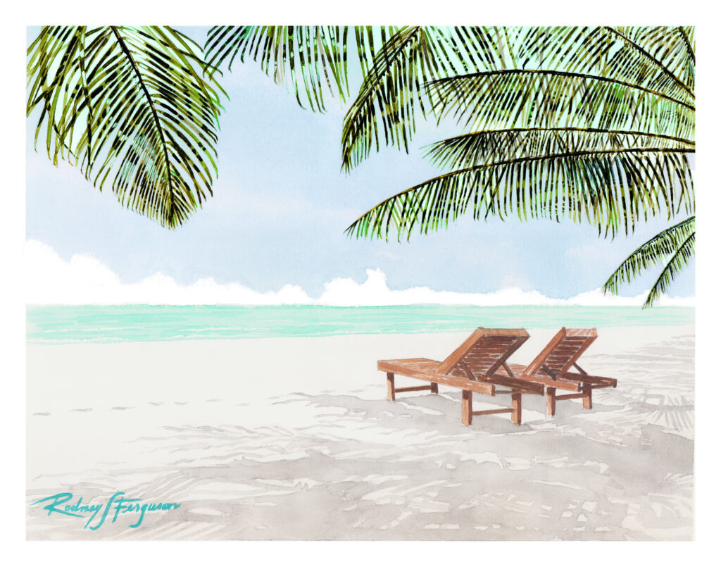 Original watercolor painting by nationally acclaimed artist Rodney Ferguson featuring two wooden beach lounge chairs resting on a pristine white-sand tropical shoreline beneath arching coconut palm fronds. Crystal-clear turquoise waters meet a soft blue horizon, creating a tranquil coastal paradise. Fine art watercolor celebrating island living, tropical beaches, ocean conservation, Caribbean scenery, and peaceful seaside escapes.