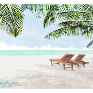 Original watercolor painting by nationally acclaimed artist Rodney Ferguson featuring two wooden beach lounge chairs resting on a pristine white-sand tropical shoreline beneath arching coconut palm fronds. Crystal-clear turquoise waters meet a soft blue horizon, creating a tranquil coastal paradise. Fine art watercolor celebrating island living, tropical beaches, ocean conservation, Caribbean scenery, and peaceful seaside escapes.