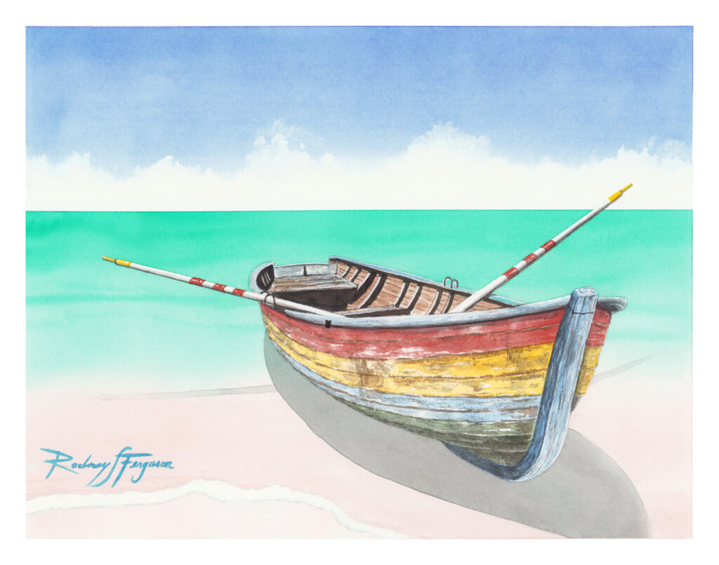 Original watercolor painting by nationally acclaimed artist Rodney Ferguson featuring a colorful weathered wooden rowboat resting on a pristine tropical beach beside crystal-clear turquoise waters. The detailed nautical artwork showcases faded red, yellow, blue, and green paint, traditional oars, and soft coastal light beneath an expansive blue sky. Fine art watercolor celebrating maritime heritage, island life, coastal living, and seaside tranquility.