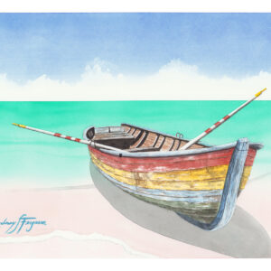 Original watercolor painting by nationally acclaimed artist Rodney Ferguson featuring a colorful weathered wooden rowboat resting on a pristine tropical beach beside crystal-clear turquoise waters. The detailed nautical artwork showcases faded red, yellow, blue, and green paint, traditional oars, and soft coastal light beneath an expansive blue sky. Fine art watercolor celebrating maritime heritage, island life, coastal living, and seaside tranquility.