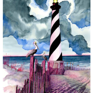 Original watercolor painting by nationally acclaimed artist Rodney Ferguson featuring the iconic Cape Hatteras Lighthouse rising above windswept dunes along North Carolina's Outer Banks. Dramatic storm clouds gather overhead while Brown Pelicans perch on weathered posts near the black-and-white spiral lighthouse. Fine art watercolor celebrating maritime history, coastal wildlife, lighthouse preservation, and the rugged beauty of the Atlantic coast.