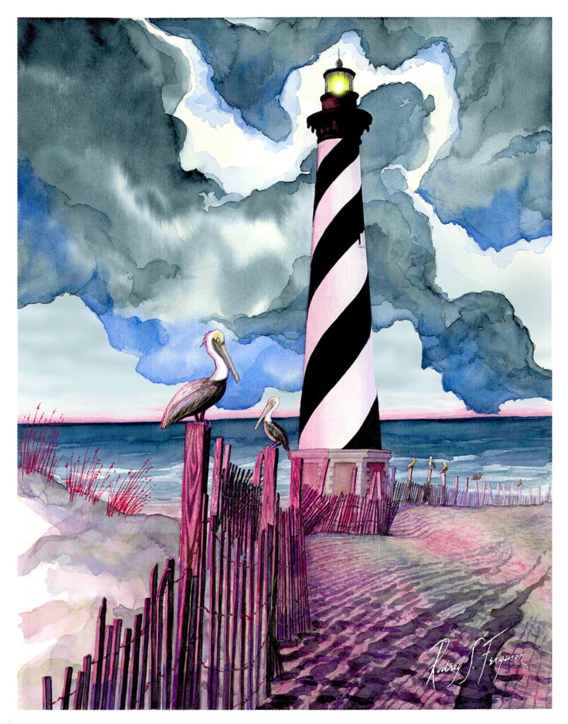 Original watercolor painting by nationally acclaimed artist Rodney Ferguson featuring the iconic Cape Hatteras Lighthouse rising above windswept dunes along North Carolina's Outer Banks. Dramatic storm clouds gather overhead while Brown Pelicans perch on weathered posts near the black-and-white spiral lighthouse. Fine art watercolor celebrating maritime history, coastal wildlife, lighthouse preservation, and the rugged beauty of the Atlantic coast.