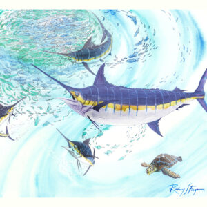 Original watercolor painting by nationally acclaimed artist Rodney Ferguson featuring a massive Black Marlin attacking a swirling bait ball in the open ocean. Smaller marlin circle the feeding frenzy while a sea turtle glides beneath the action through crystal-blue pelagic waters. Fine art marine wildlife watercolor celebrating offshore sportfishing, ocean biodiversity, apex predators, and marine conservation.