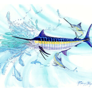 ALT TEXT Original watercolor painting by nationally acclaimed artist Rodney Ferguson featuring a powerful Blue Marlin attacking a dense school of baitfish in the open ocean. Surrounded by smaller marlin, fleeing baitfish, and distant pelagic predators, this highly detailed marine wildlife artwork captures the speed, strength, and beauty of one of the ocean's most legendary game fish. Fine art watercolor celebrating offshore fishing, marine biodiversity, and ocean conservation.