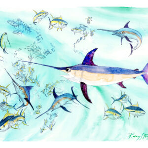Original watercolor painting by nationally acclaimed artist Rodney Ferguson featuring a majestic swordfish swimming among schools of yellowfin tuna and baitfish in the open ocean. Multiple billfish maneuver through turquoise waters while pursuing prey in a dynamic pelagic ecosystem. Fine art marine wildlife watercolor celebrating offshore fishing, ocean biodiversity, big game fish, and marine conservation.