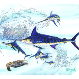 Original watercolor painting by nationally acclaimed artist Rodney Ferguson depicting a dramatic striped marlin feeding frenzy in the open ocean. Multiple iridescent blue-striped marlin slash through a swirling bait ball while a sea turtle swims below and scattered baitfish attempt to escape. This highly detailed marine wildlife artwork celebrates big game fishing, pelagic ocean ecosystems, sportfishing heritage, and marine conservation.