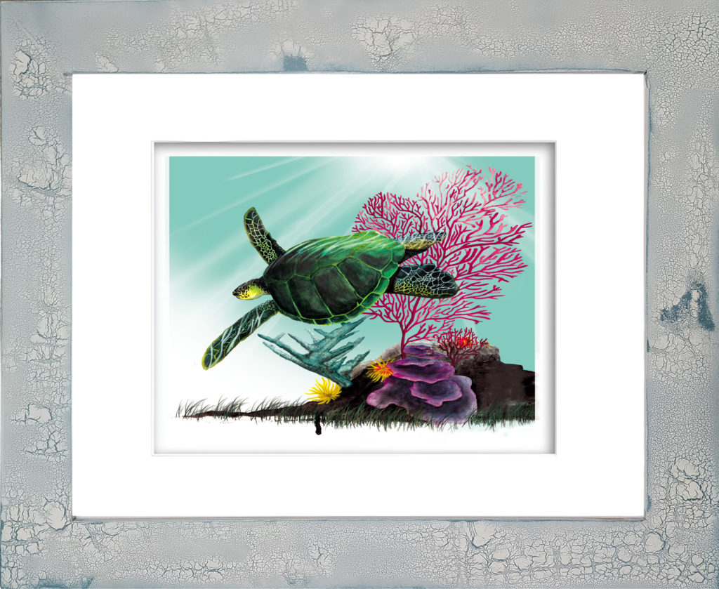 Rodney's watercolor giclée print of a Green Sea Turtle leisurely swimming through a vibrant underwater paradise surrounded by colorful ocean flora and tropical marine life. Mounted in a handcrafted distressed and crackled coastal frame, this archival marine wildlife artwork captures the beauty of sea turtles and coral reef ecosystems.