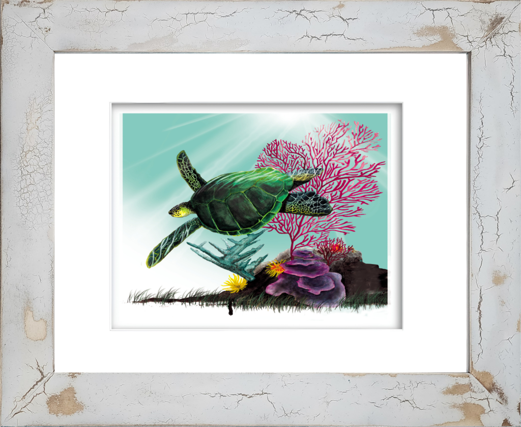 Rodney's watercolor giclée print of a Green Sea Turtle leisurely swimming through a vibrant underwater paradise surrounded by colorful ocean flora and tropical marine life. Mounted in a handcrafted distressed and crackled coastal frame, this archival marine wildlife artwork captures the beauty of sea turtles and coral reef ecosystems.