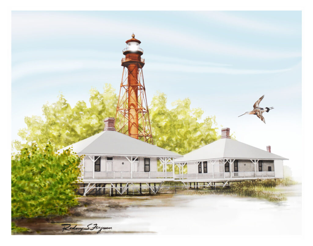Original watercolor painting by nationally acclaimed artist Rodney Ferguson featuring the historic Sanibel Island Lighthouse, a rare skeletal iron lighthouse rising above two restored keeper's cottages along Florida's Gulf Coast. Surrounded by native coastal vegetation and accompanied by a soaring shorebird, this detailed lighthouse artwork celebrates maritime history, coastal preservation, and the resilience of Florida's treasured landmarks.