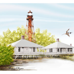 Original watercolor painting by nationally acclaimed artist Rodney Ferguson featuring the historic Sanibel Island Lighthouse, a rare skeletal iron lighthouse rising above two restored keeper's cottages along Florida's Gulf Coast. Surrounded by native coastal vegetation and accompanied by a soaring shorebird, this detailed lighthouse artwork celebrates maritime history, coastal preservation, and the resilience of Florida's treasured landmarks.